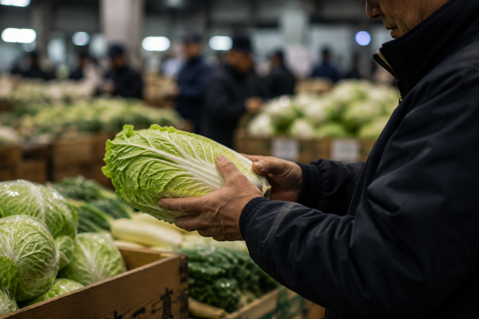 白菜を手に取り品質を確かめる仲買人